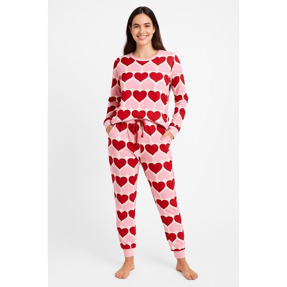 NWT Kate Spade Heart Print velour Pajama Set Small Pink Red Long Sleeve Joggers - Picture 1 of 15